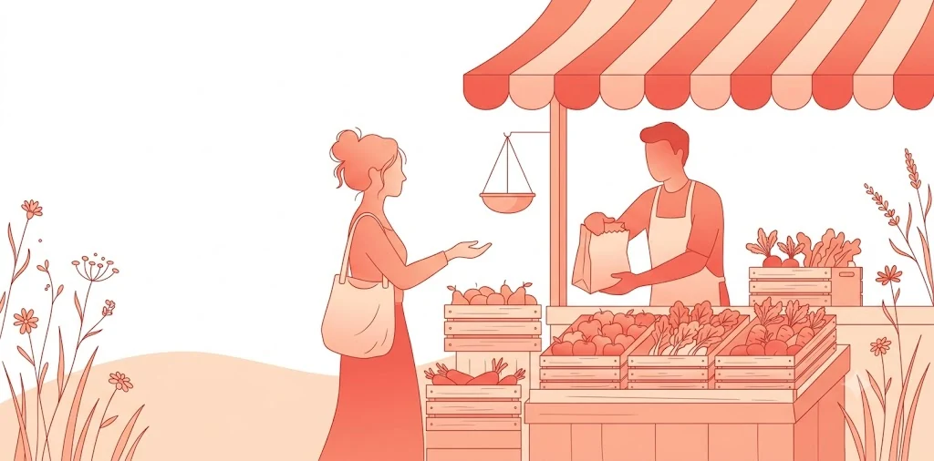 Illustration of a woman paying at a neighbourhood fruit and vegetable kiosk