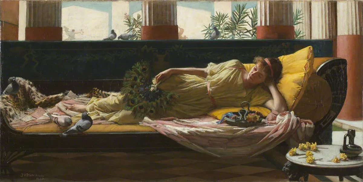 Dolce Far Niente מאת ג'ון ויליאם ווטרהאוס, 1880: אישה שרועה על ספה, עושה כלום