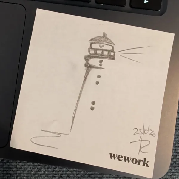 My pencil sketch on a sticky note: a lighthouse with a heart in its window, signed 25/10/26