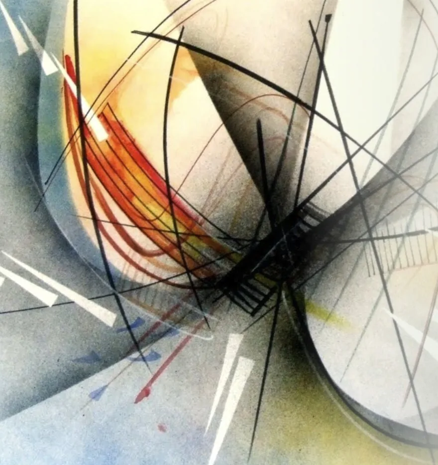 Untitled, Anónimo, 1998. An abstract painting of black geometric lines crossing over warm red, orange and yellow strokes on a pale blue-grey ground.