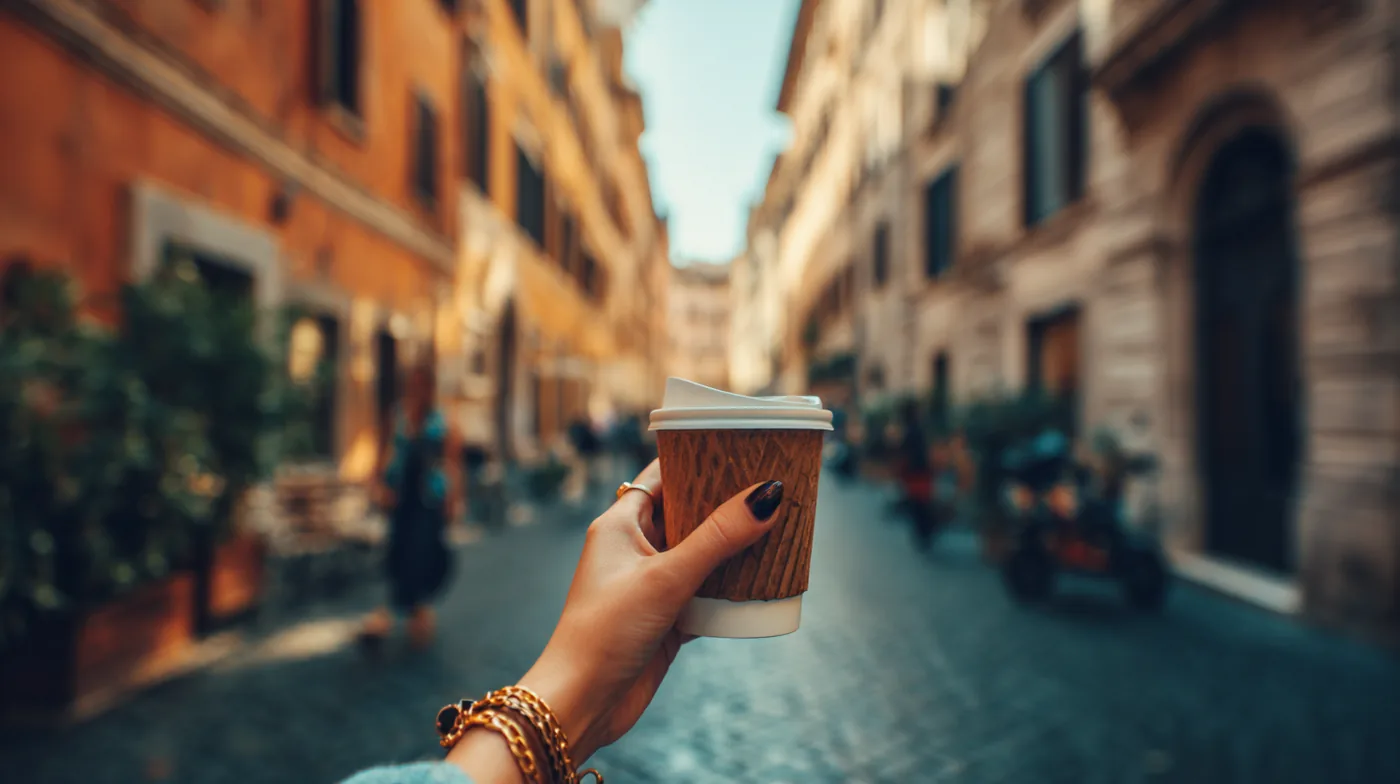 Midjourney: A cup of a take away americano cup in the middle of streets of Rome --ar 16:9