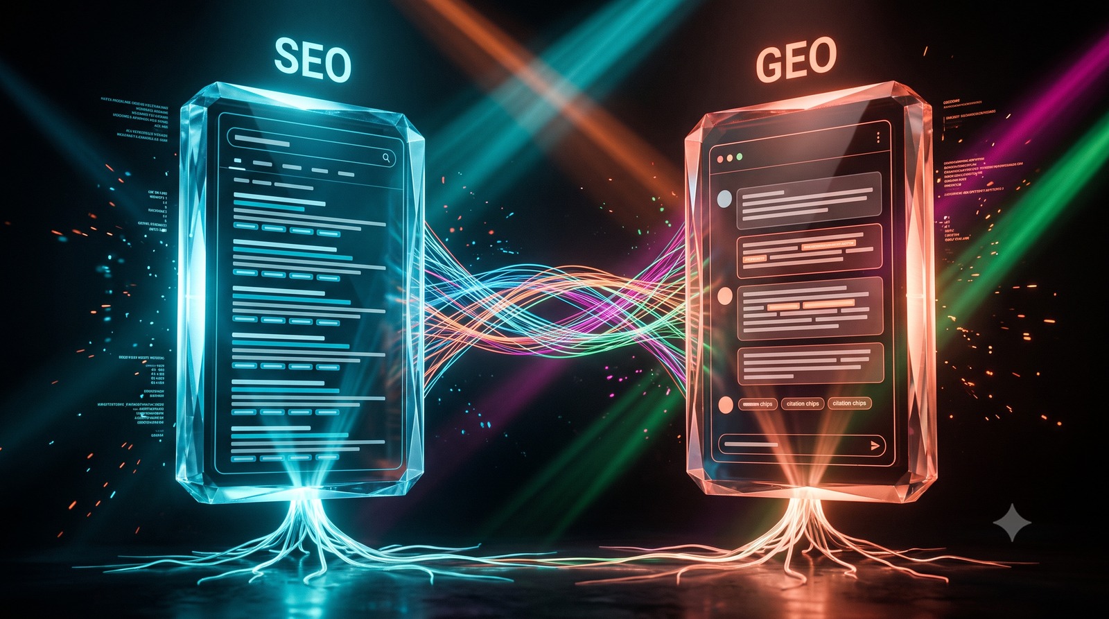 Two glass panels, a classic search results list and an AI chat answer, joined by a bridge of light from one shared root.