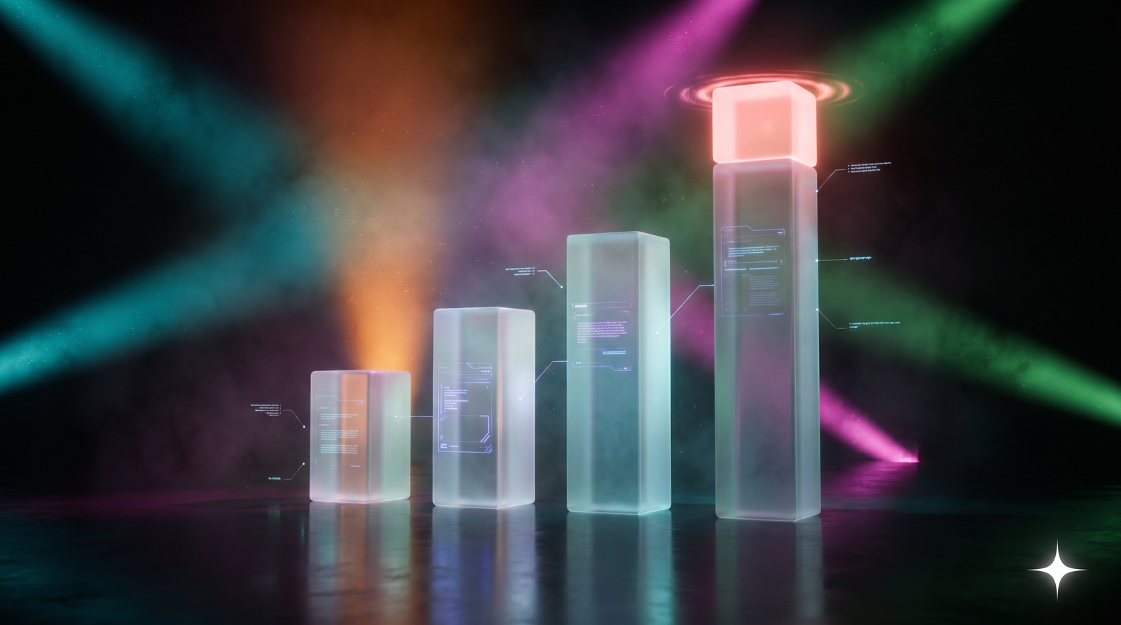 Glass price columns of different heights glowing over a dark canvas.