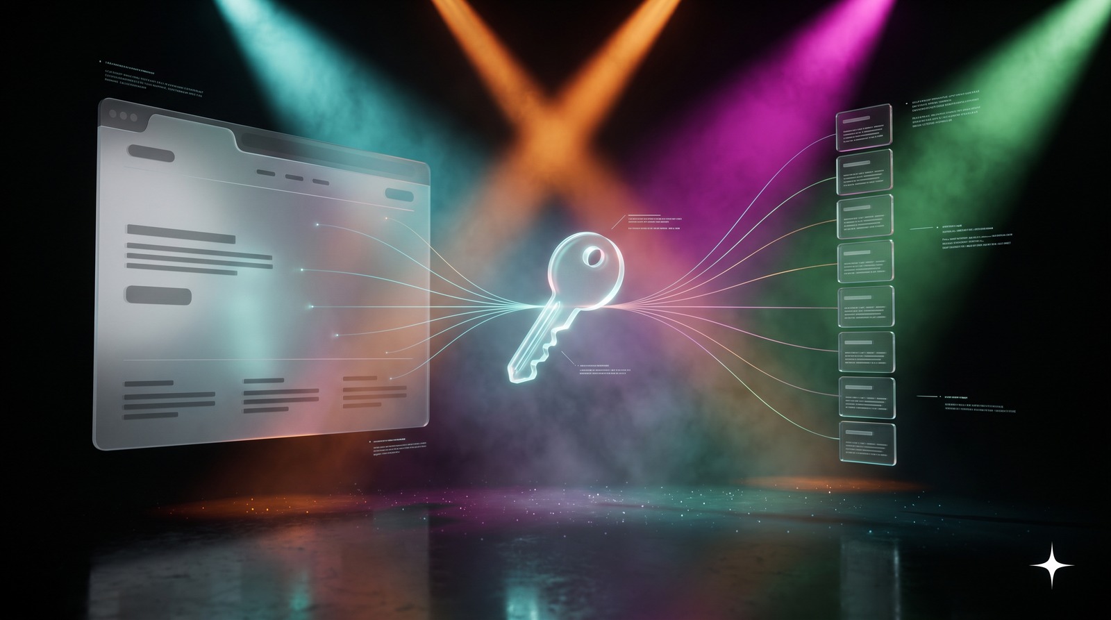 A glowing glass key hovering between a website pane and a stack of monthly payment tiles.